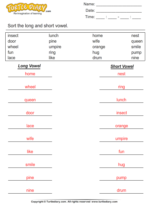 Short and Long Vowel Sound in Word List Worksheet - Turtle Diary