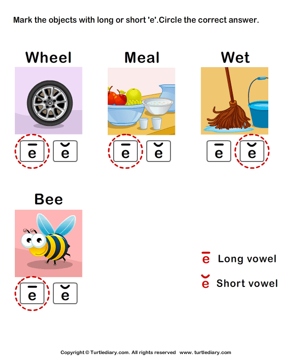 Short or Long E Sound Words Worksheet - Turtle Diary