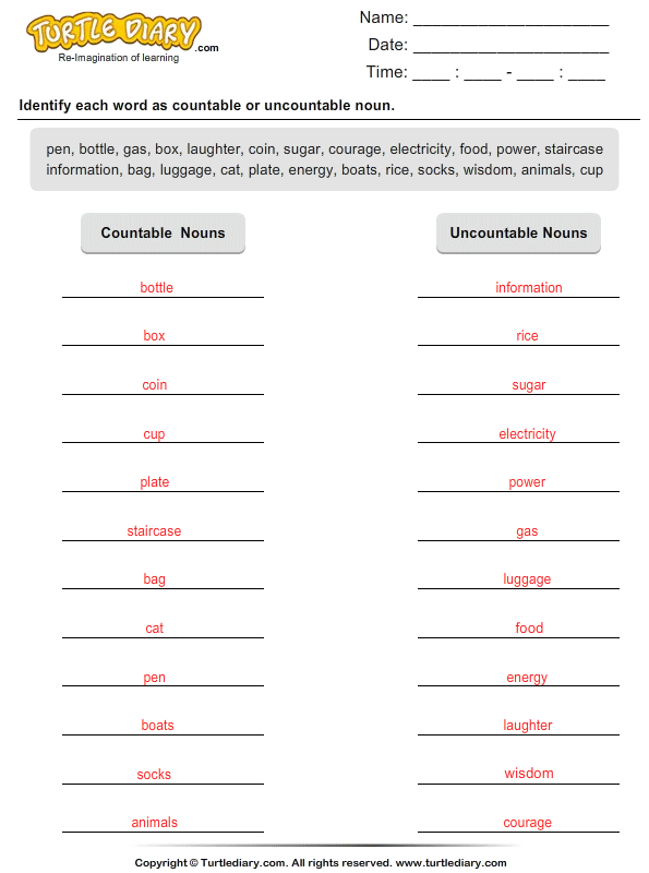 kindergarten for nouns worksheet pdf Worksheets Uncountable Countable Free And Nouns Worksheet