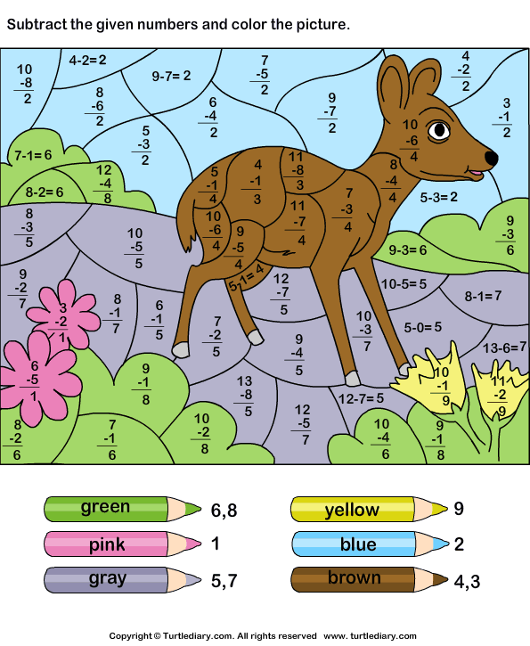 Subtract And Color According To Given Color Key Worksheet Turtle Diary