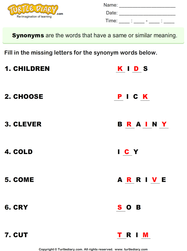 synonym fill the missing letters worksheet turtle diary