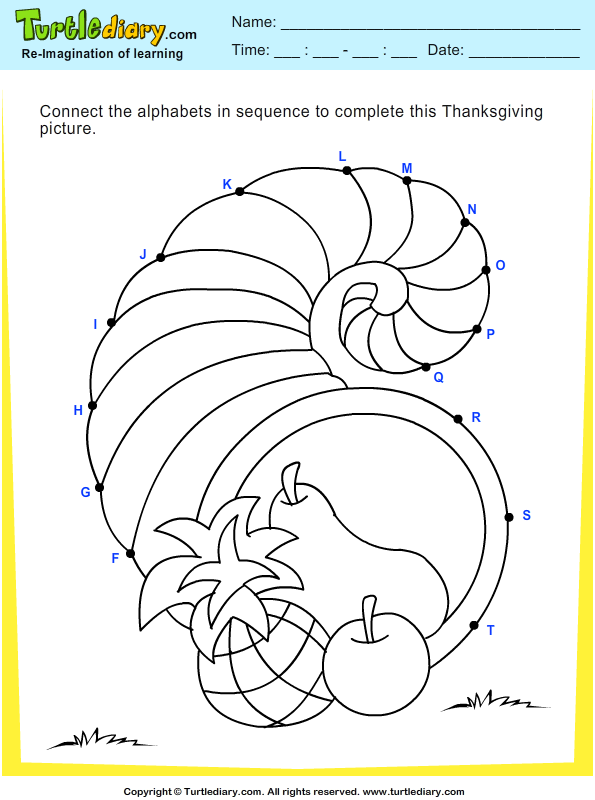 Thanksgiving Connect The Dots By Alphabets Cornucopia Worksheet ...