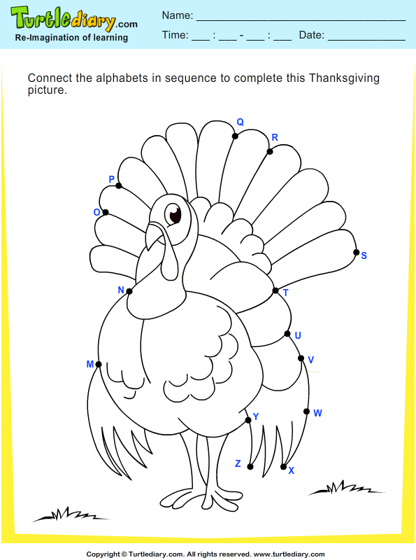 Thanksgiving Connect the Dots by Alphabets Turkey Worksheet - Turtle Diary