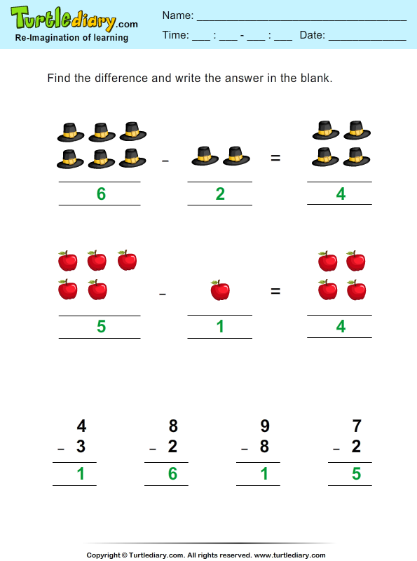 Thanksgiving Subtraction Worksheet Turtle Diary