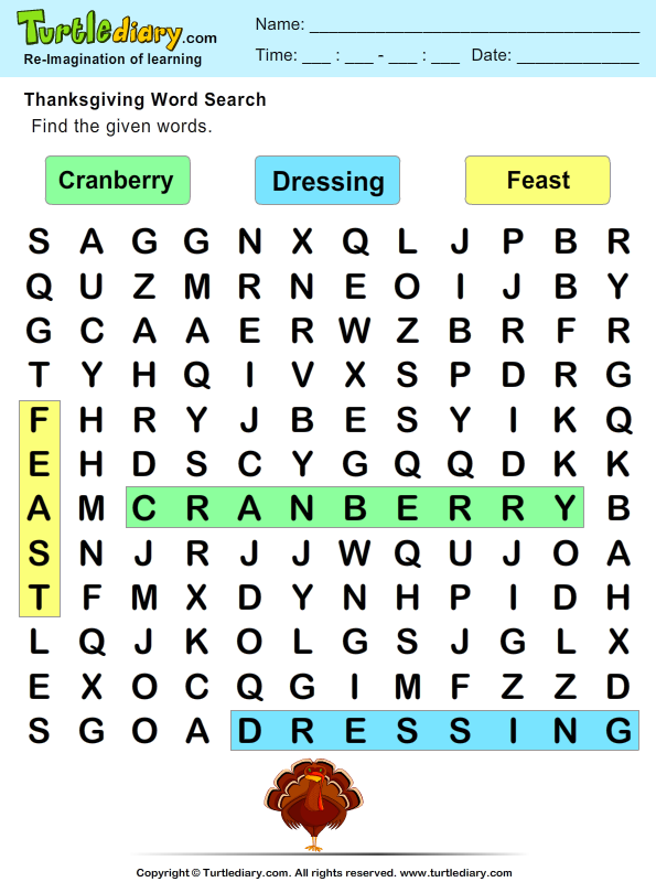 Thanksgiving Word Search Feast Worksheet Turtle Diary