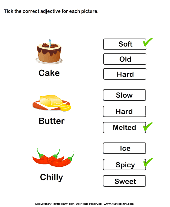 tick-adjectives-for-pictures-of-cake-butter-chilly-worksheet-turtle-diary