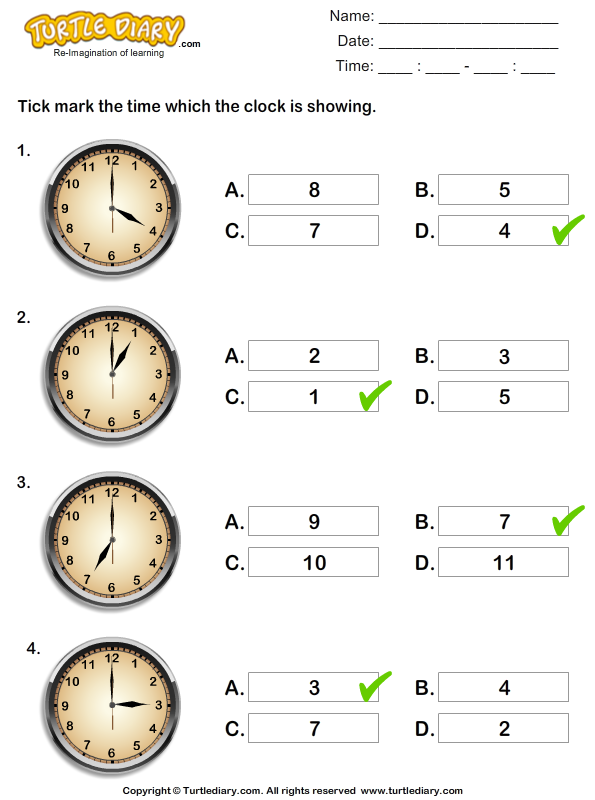 time on analog clocks to nearest hour worksheet turtle diary