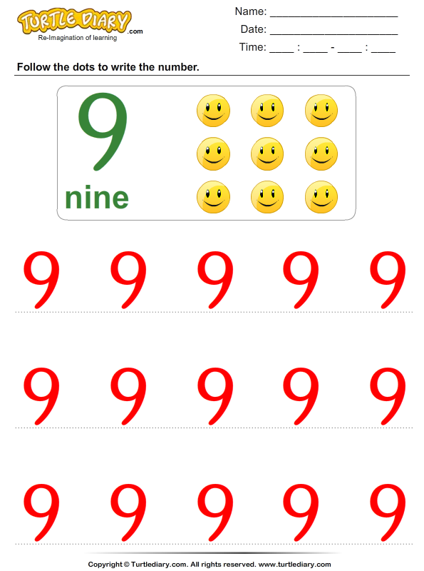 Trace the Number Nine Worksheet Turtle Diary