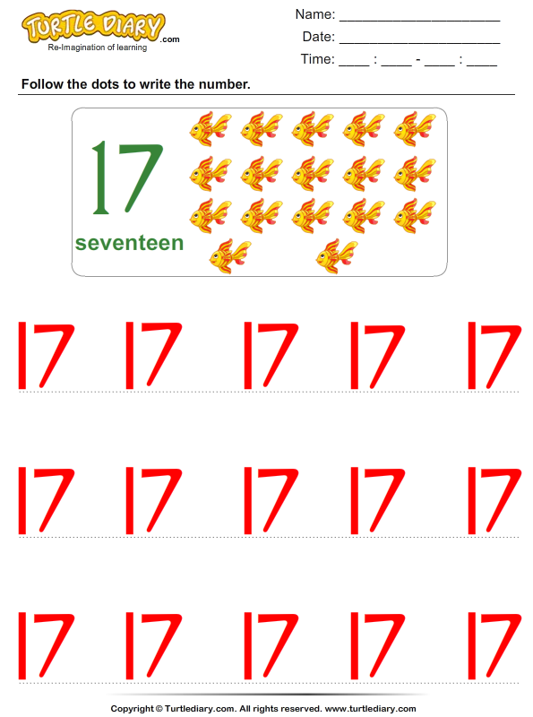 Trace the Number Seventeen Worksheet - Turtle Diary