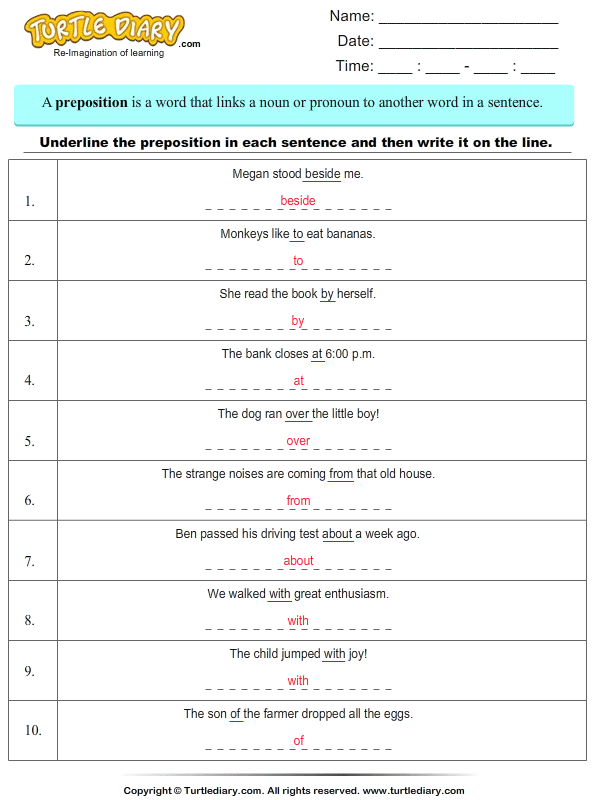 Underline Prepositions In A Sentence Worksheet Turtle Diary