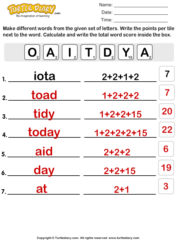 Using O A I T D Y A Make Words and Count the Score Worksheet - Turtle Diary