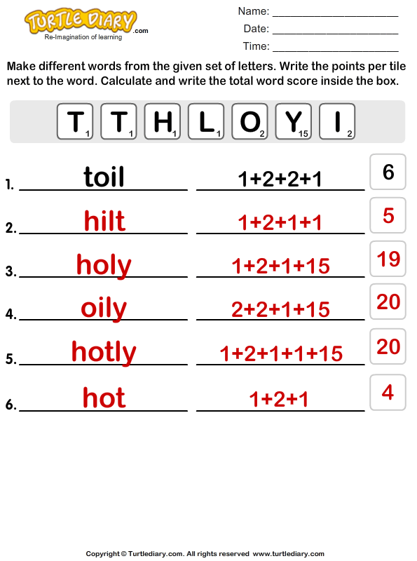 using t t h l o y i make words and count the score