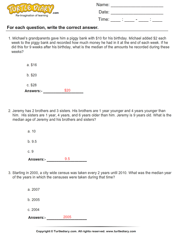 word problems on median worksheet turtle diary