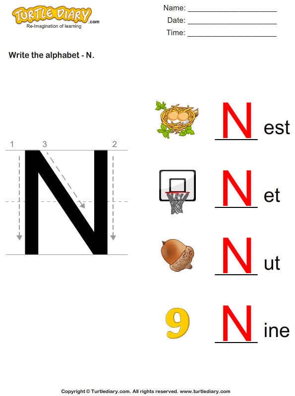 Write Alphabet N in Uppercase Worksheet - Turtle Diary