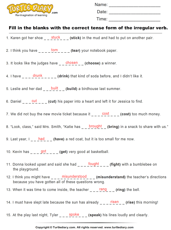 Write Correct Tense Form Of Irregular Verb In Each Sentence Worksheet Turtle Diary