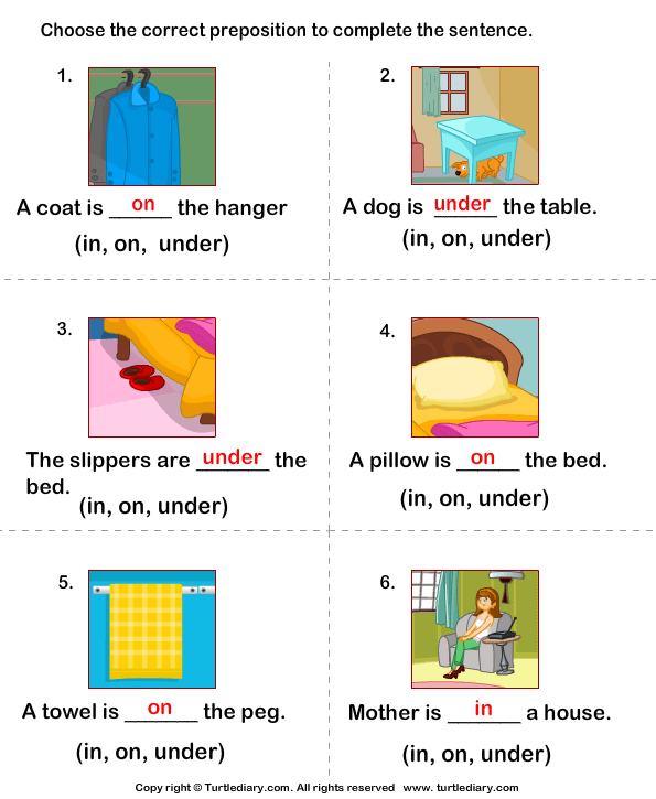 use of in on under sentences