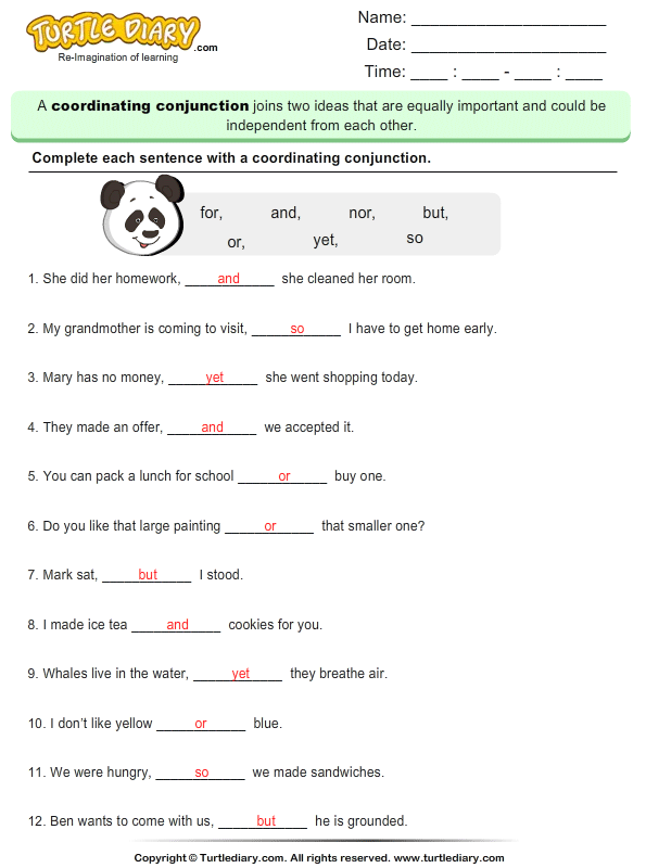 Write the Missing Coordinating Conjunction Worksheet - Turtle Diary