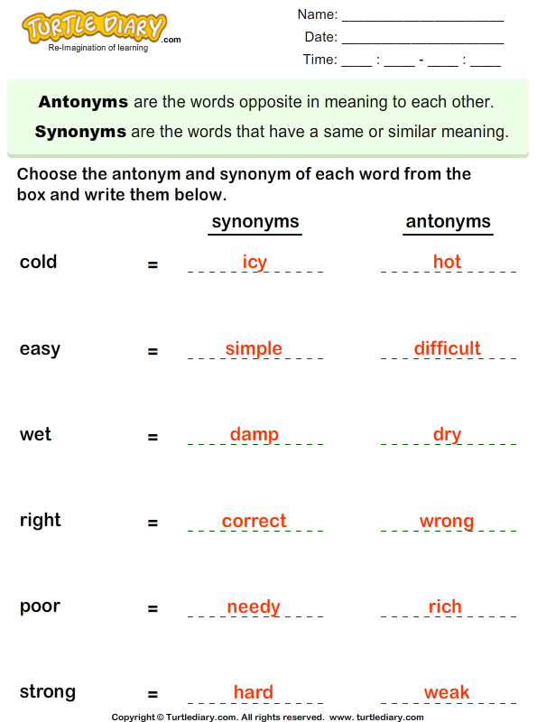 Write the Synonym and Antonym of each Word Worksheet - Turtle Diary