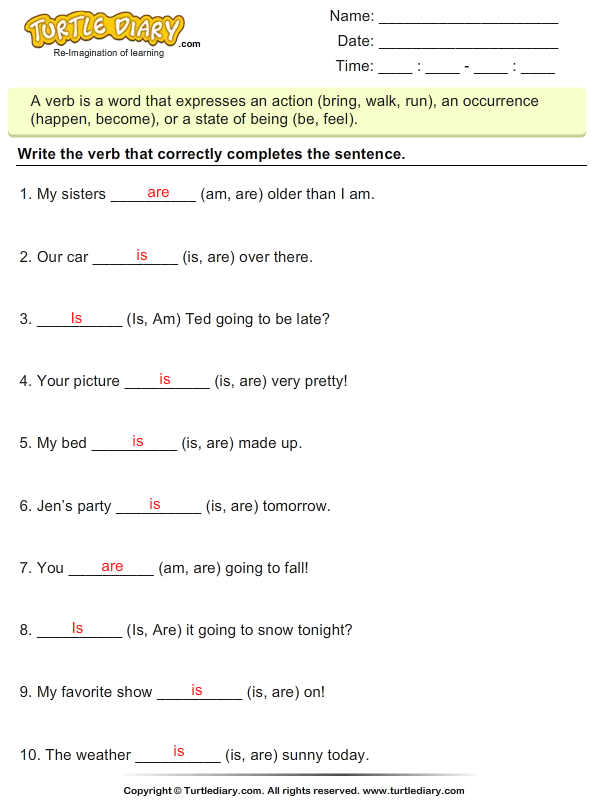 Write Verb Is Am or Are to Complete Sentences Worksheet - Turtle Diary