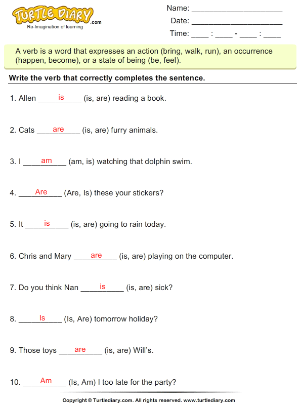 Write Verbs to Complete each Sentence Worksheet - Turtle Diary