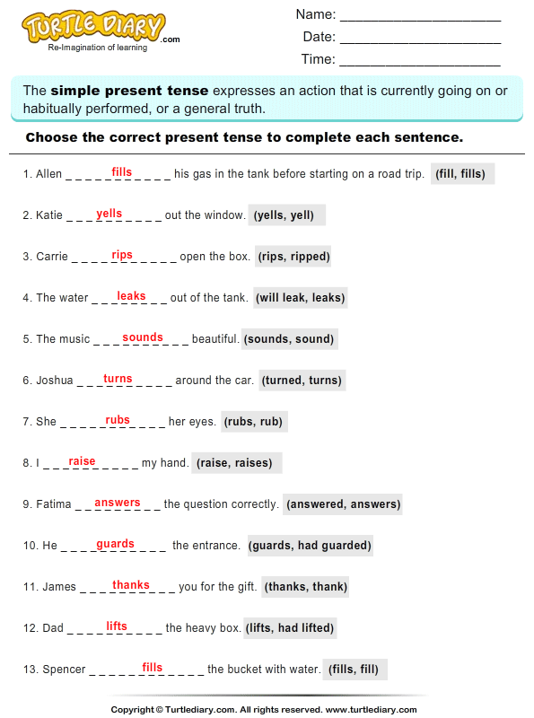 speech reported sheet exercise Writing Turtle Diary Worksheet of  Present  Tense Verb