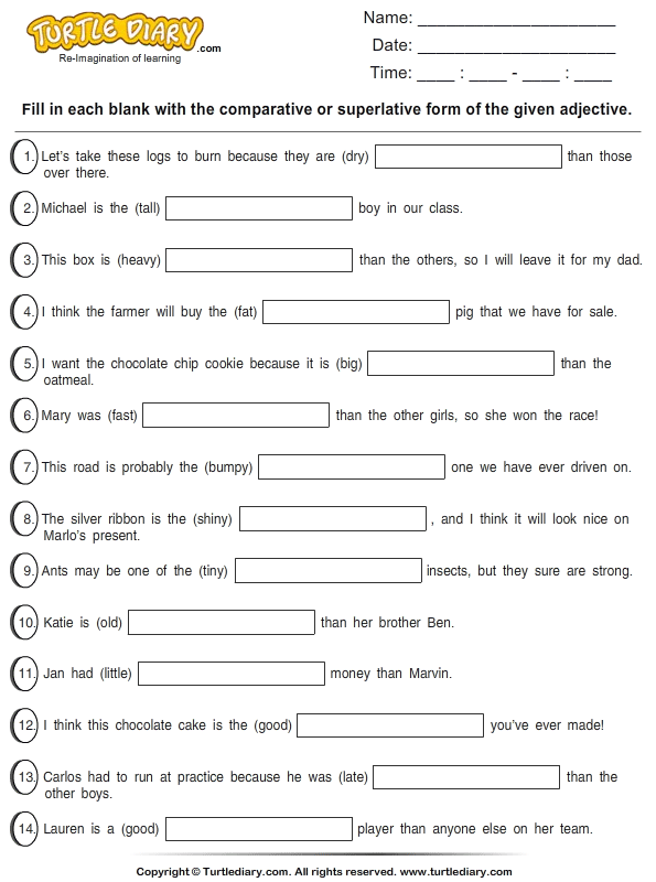 Fill In Comparative Or Superlative Adjective Worksheet 2 - Turtle Diary