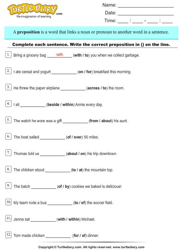 Use Prepositions To Complete The Sentence 1 Worksheet - TurtleDiary.com