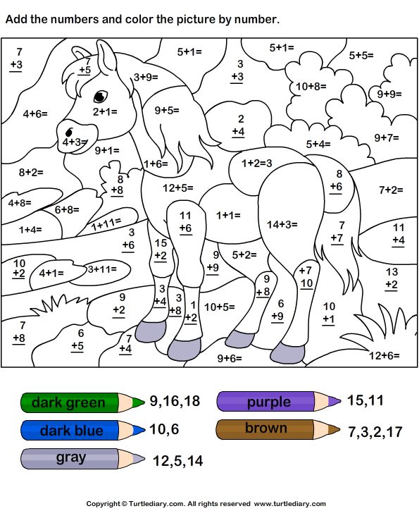 Add and Color Horse using Color Key Worksheet Turtle Diary