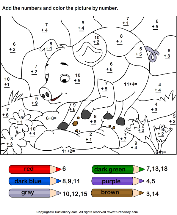 Add and Color Pig using Color Key Worksheet - Turtle Diary