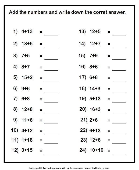 Adding One Digit Numbers with Numbers up to Two Digits Worksheet