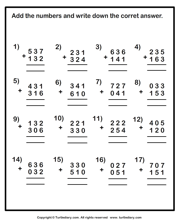 Adding Three Digit Numbers within One Thousand Worksheet - Turtle Diary