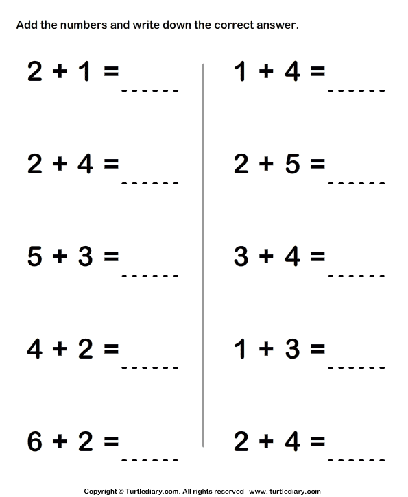 Adding Two Single Digit Numbers Sums To Ten Turtle Diary Worksheet