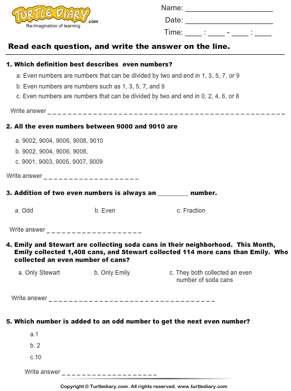 word problems on identifying even numbers worksheet turtle diary
