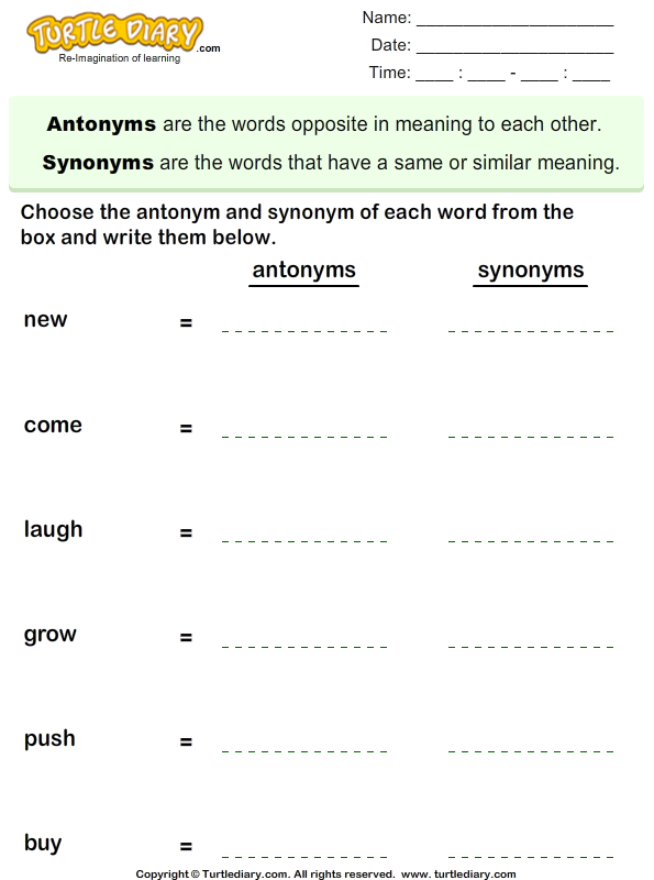 Choose the Antonym and Synonym of Words Worksheet - Turtle Diary