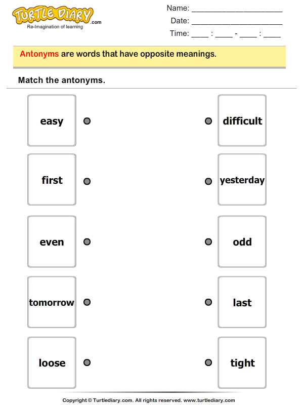 Antonyms Matching Worksheet - Turtle Diary