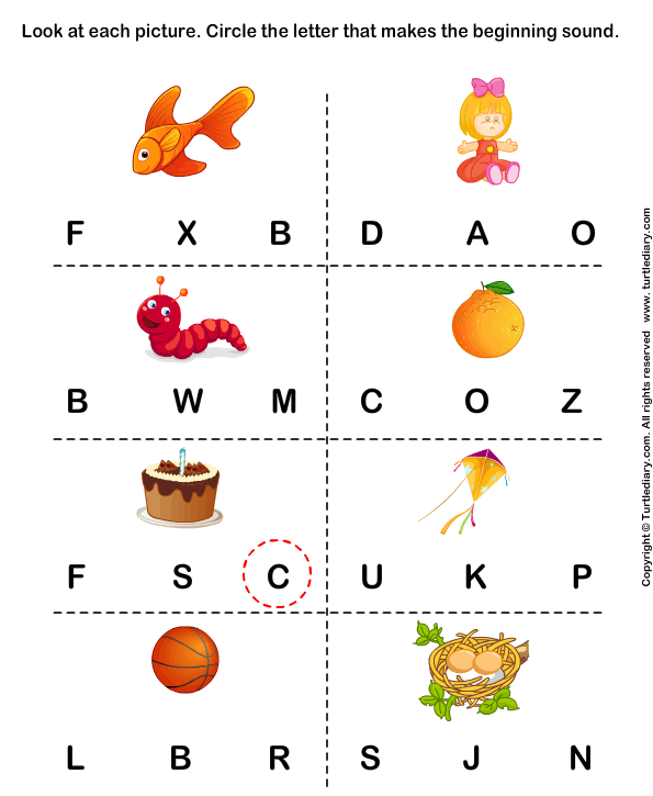 Beginning Sounds F D W O C K B and N Worksheet - Turtle Diary