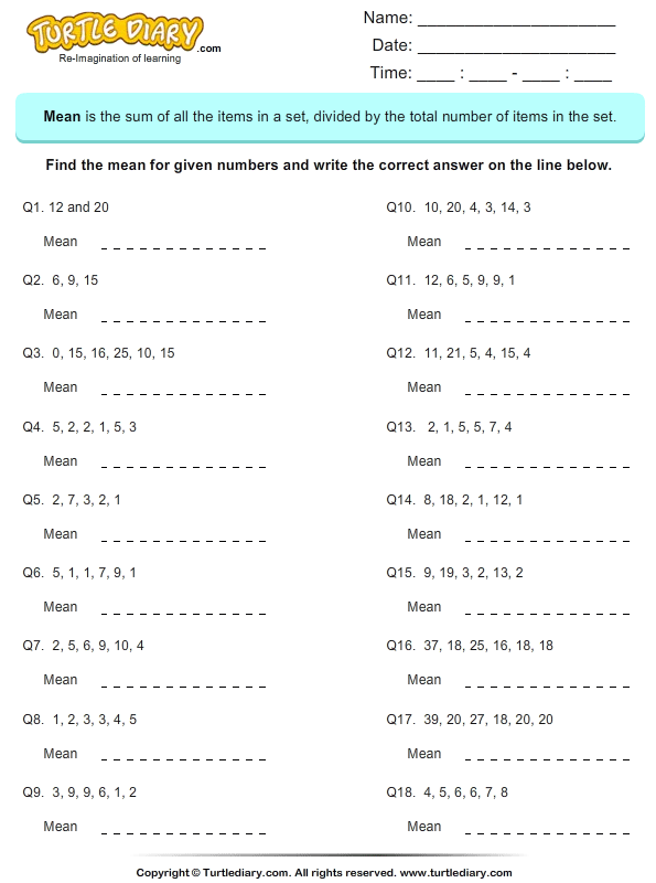 Finding The Mean Printable Worksheets