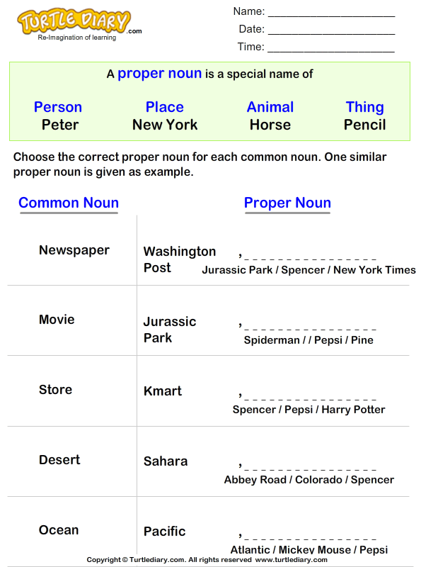free grade for nouns 1 worksheet Noun Change to Common Worksheet Noun   Diary Turtle Proper