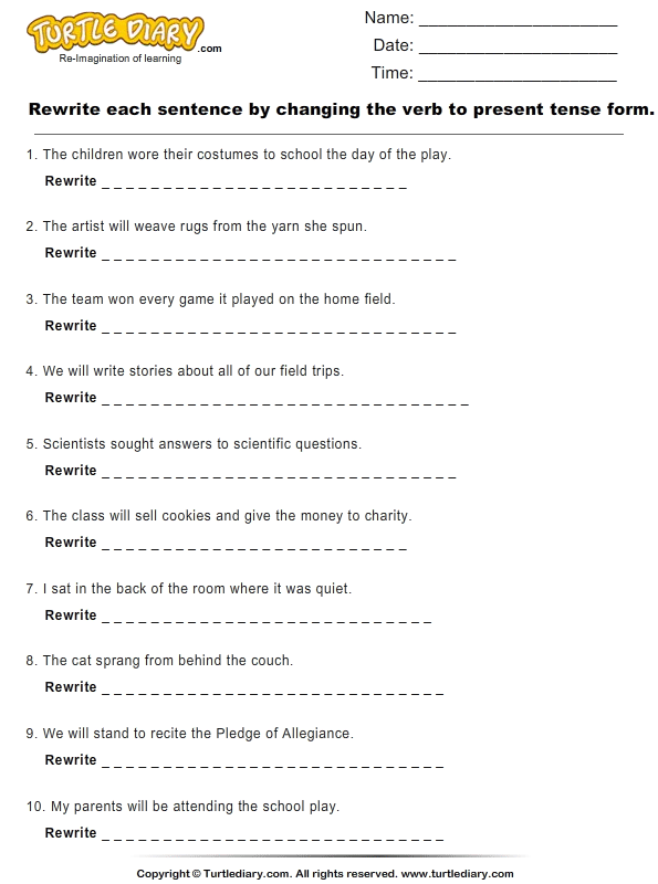 2 grade for english exercise Verbs Rewrite Change to Present Sentences Tense Form and