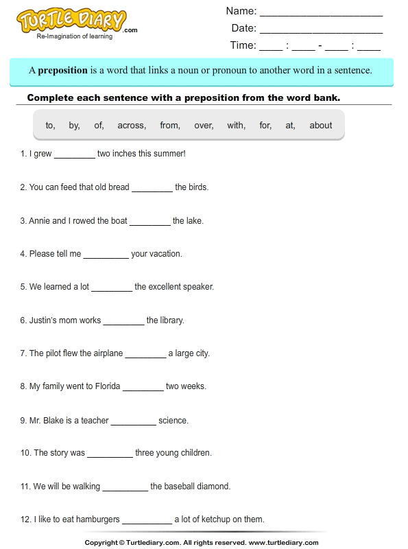 choose and write correct preposition to complete sentences worksheet
