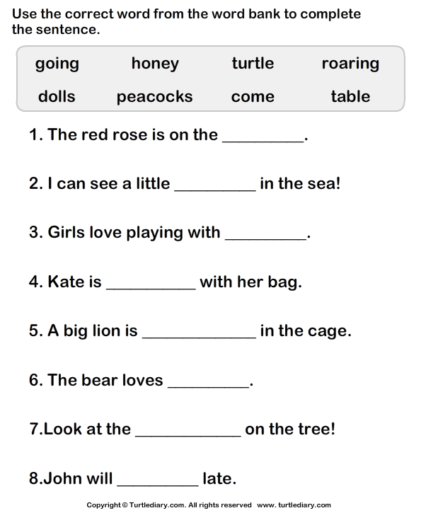 Choose Correct Word to Complete the Sentence Worksheet - Turtle Diary