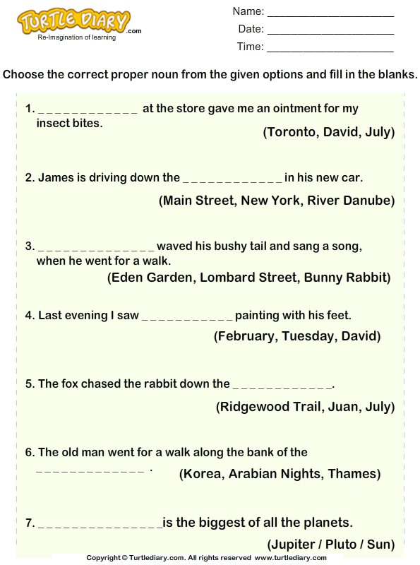 Choose Proper Noun for Given Sentences Worksheet - Turtle Diary