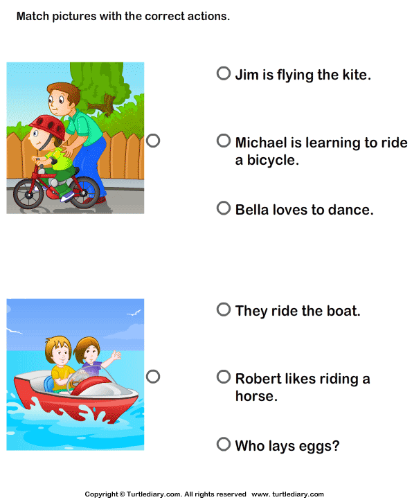Choose Sentence with Correct Action for Each Picture Worksheet - Turtle