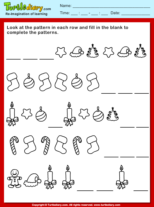 Christmas Complete the Patterns Worksheet - Turtle Diary