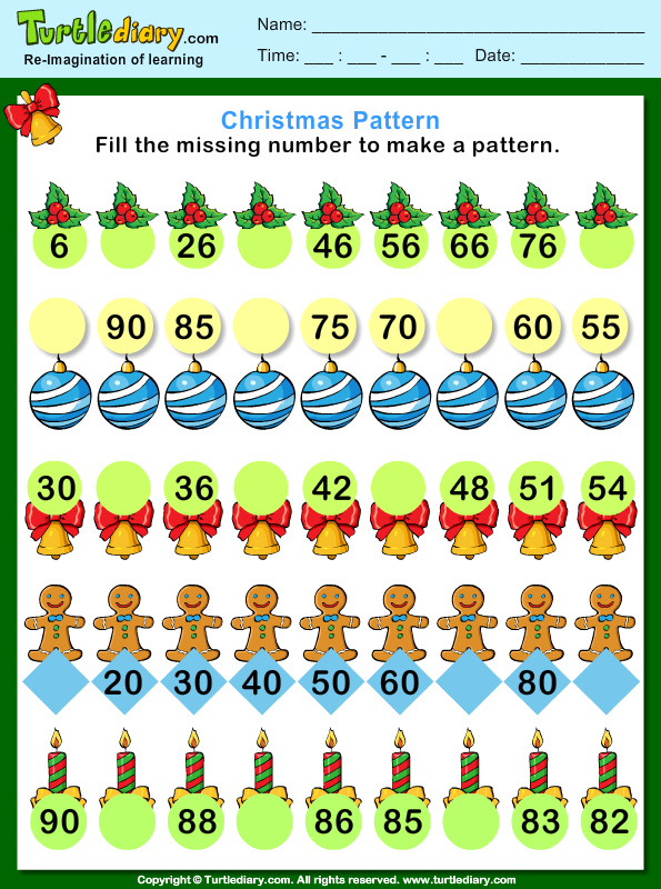 Christmas Find the Missing Number Pattern Worksheet - Turtle Diary
