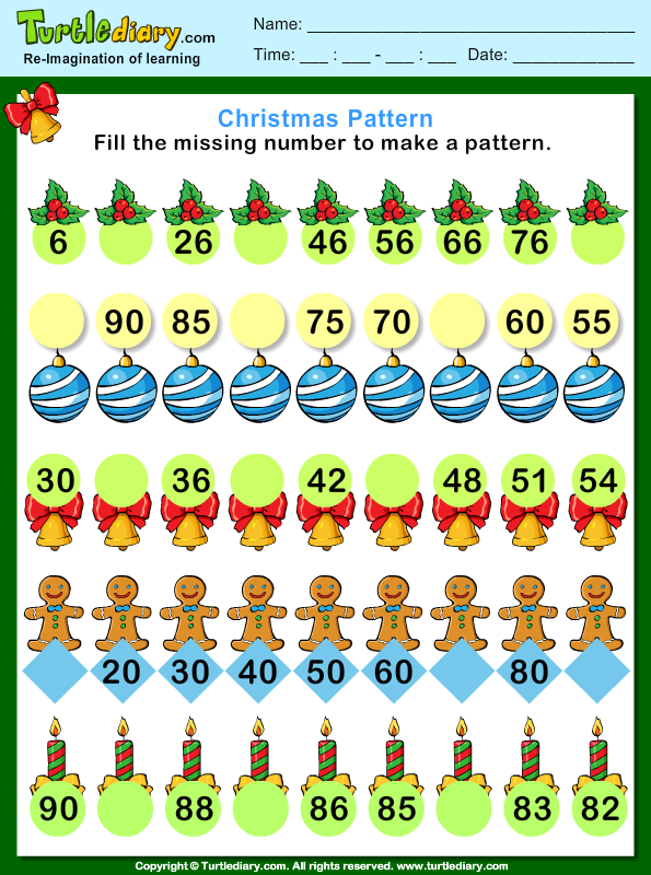 Christmas Find The Missing Number Pattern Turtle Diary Worksheet