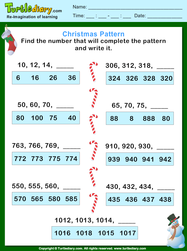 free kindergarten worksheets Christmas Turtle Pattern Worksheet Diary Number