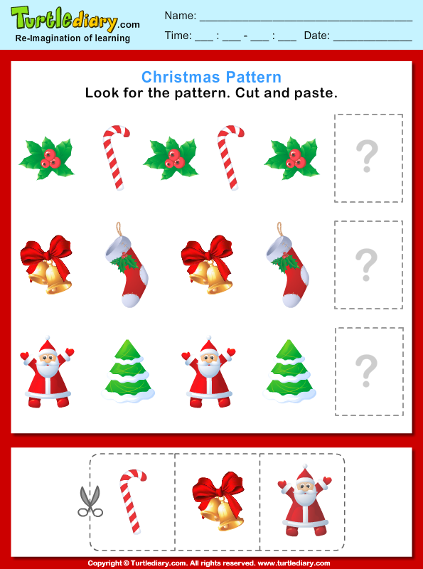 Christmas Pattern Cut and Paste 1 2 1 2 1 Worksheet - Turtle Diary