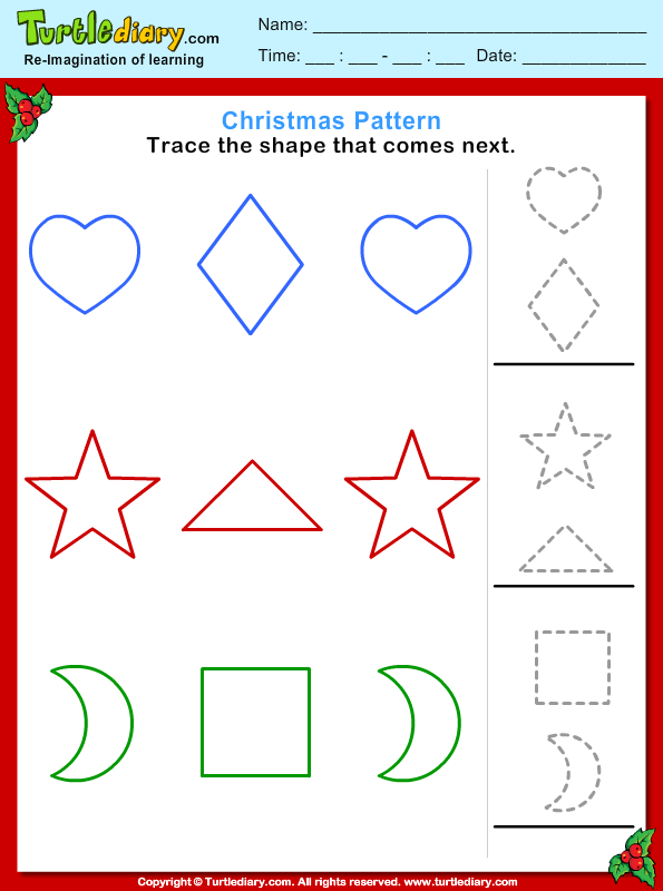 for worksheets phonics kindergarten free Shape Diary Turtle Trace  Christmas Pattern Worksheet