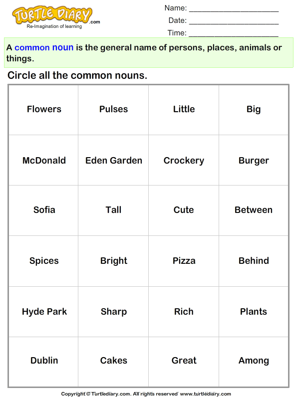 free noun kindergarten worksheets for Worksheet Common Words in Circle Given Below Nouns the